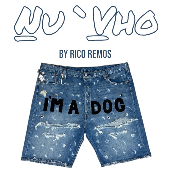 Blue Distressed “I’m A Dog” Denim Shorts